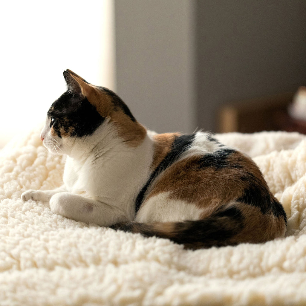 Natural fleece mat cat and dog bed with calico cat resting