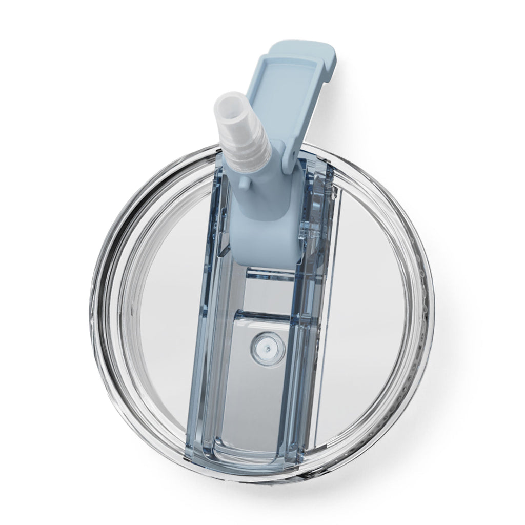 Ceramic-lined Evolution tumbler lid in clear material with light blue drinking spout