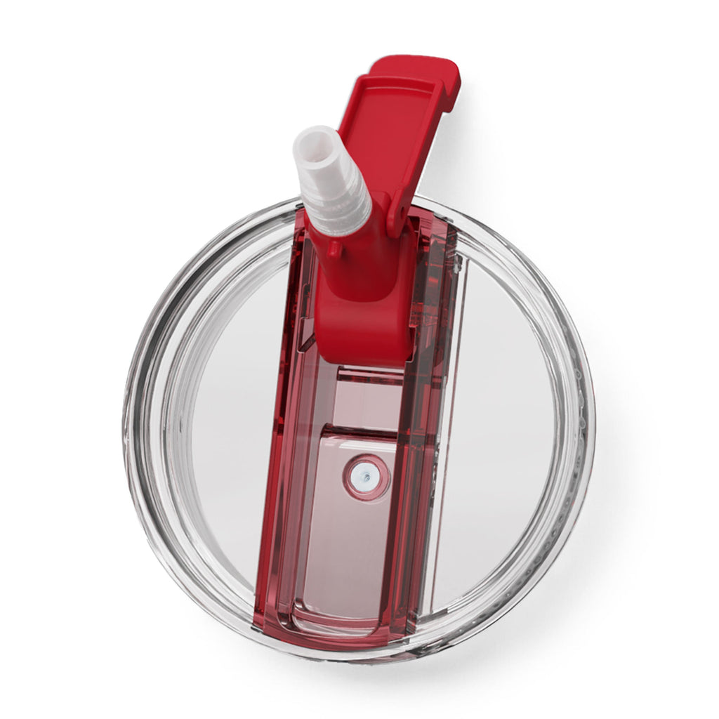 Red ceramic-lined evolution tumbler lid mechanism with straw spout and handle.