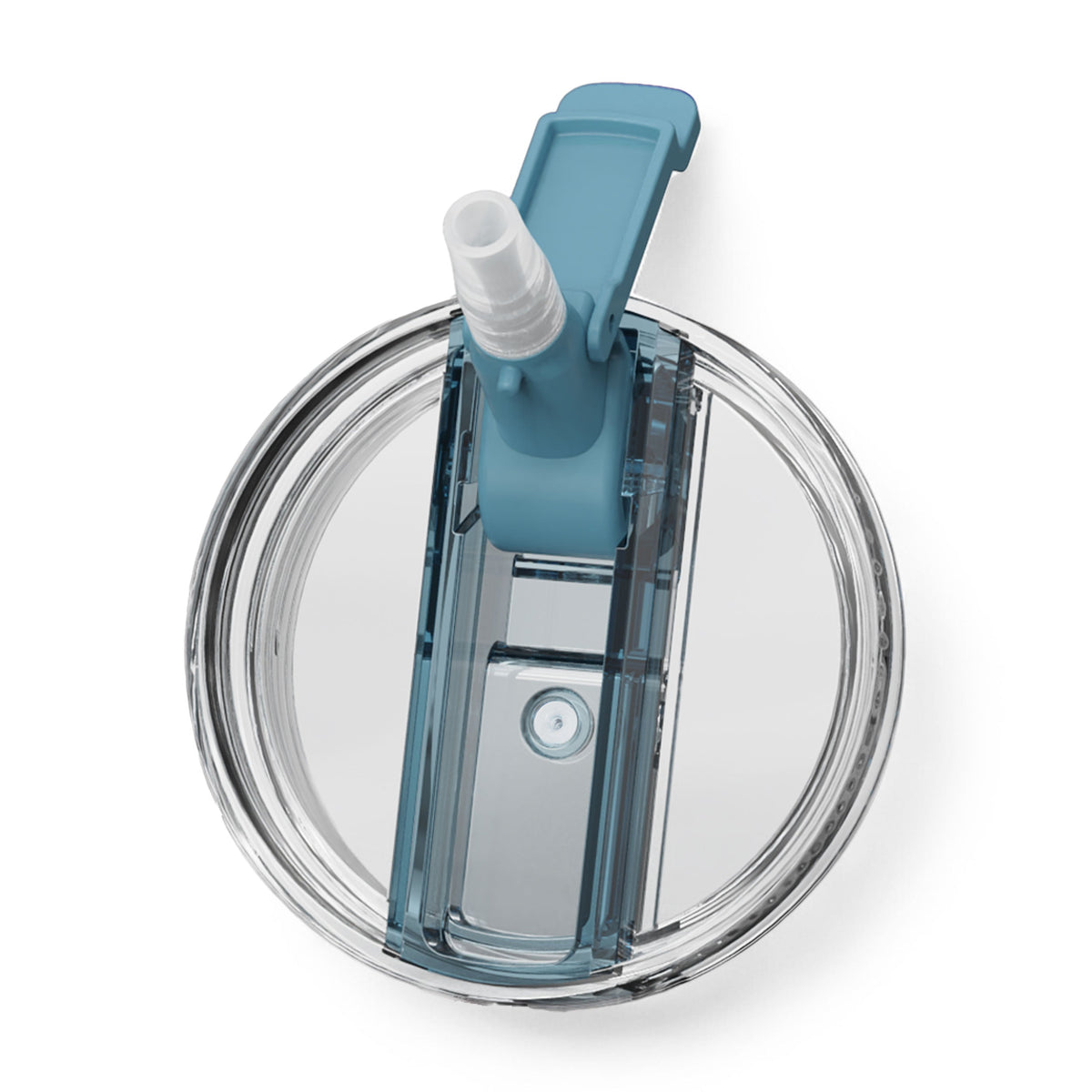 Ceramic-lined evolution tumbler lid mechanism, teal top with clear circular cover