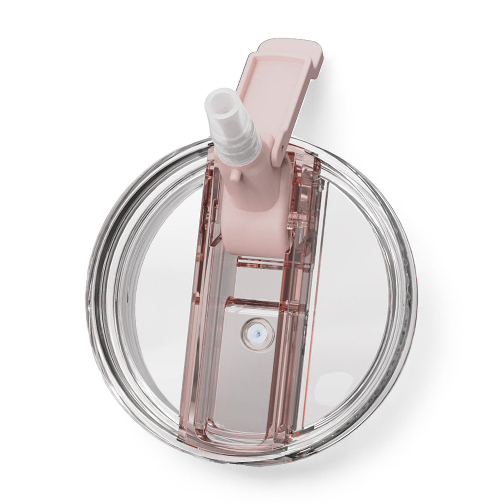 Ceramic-lined tumbler lid and spout assembly with clear parts and pale pink accents.