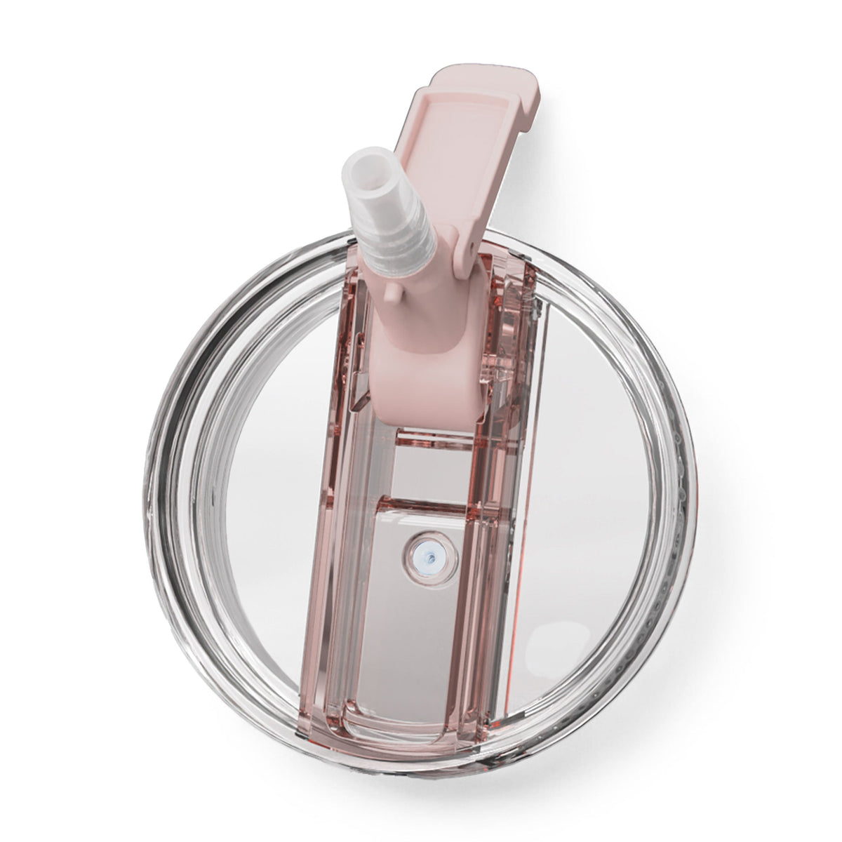 Ceramic-lined tumbler lid and spout assembly with clear parts and pale pink accents.