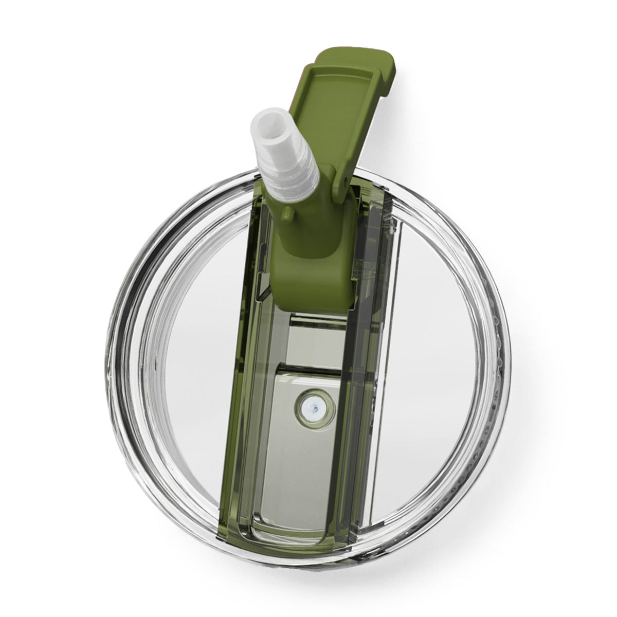 Evolution tumbler lid close-up with clear rim and dark green straw insert