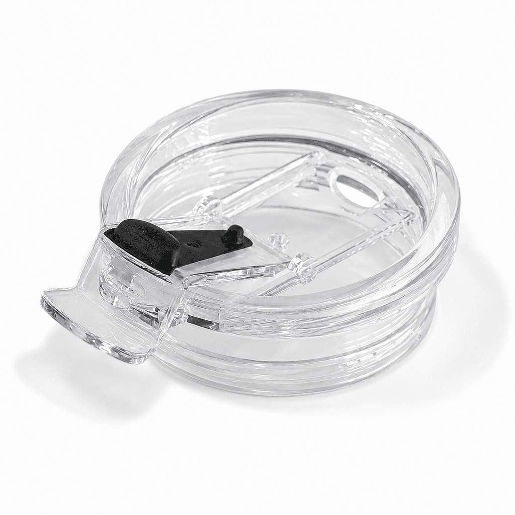 Flip-top replacement lid for 12oz cup, clear plastic with black latch and hinge