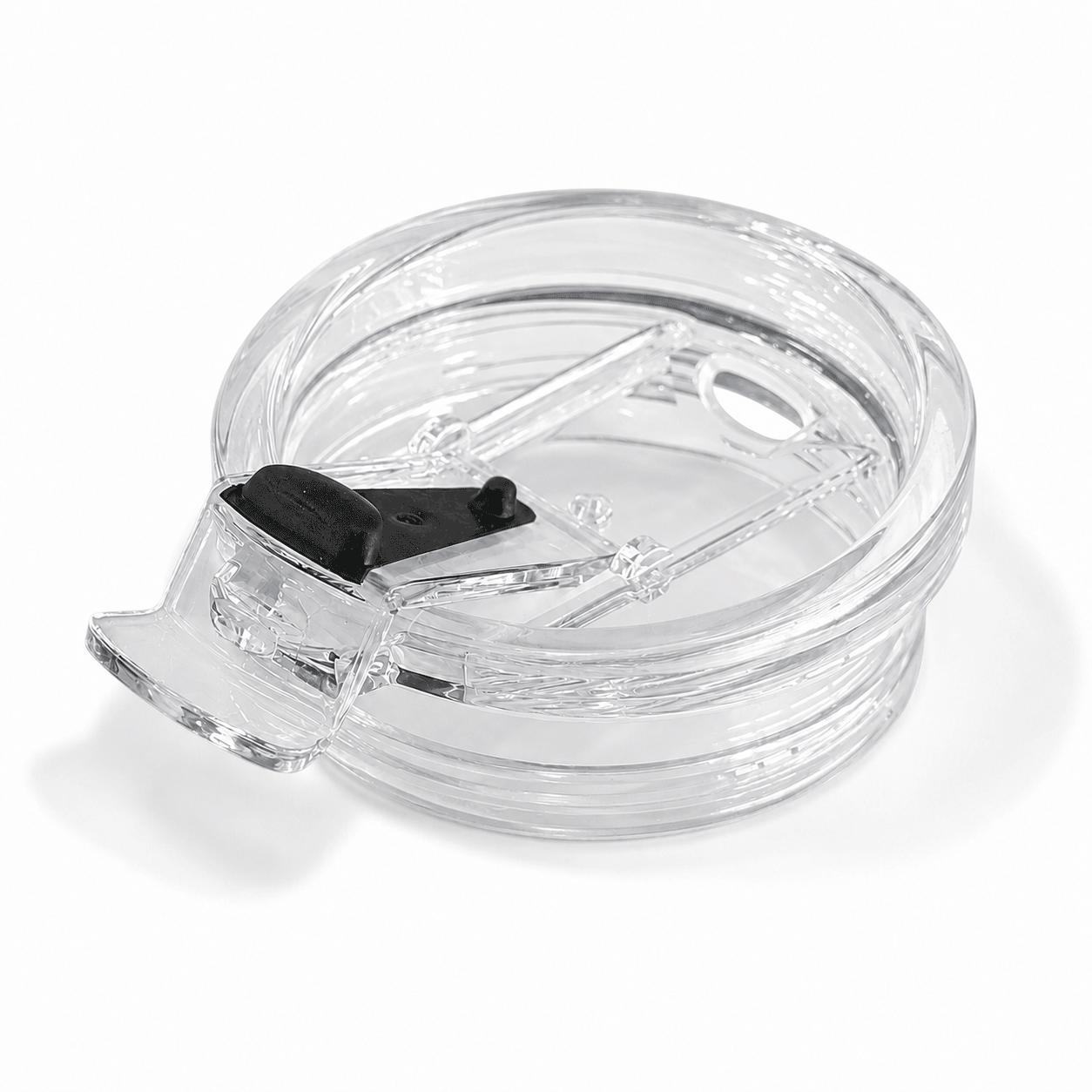 Flip-top replacement lid for 12oz cup, clear plastic with black latch and hinge