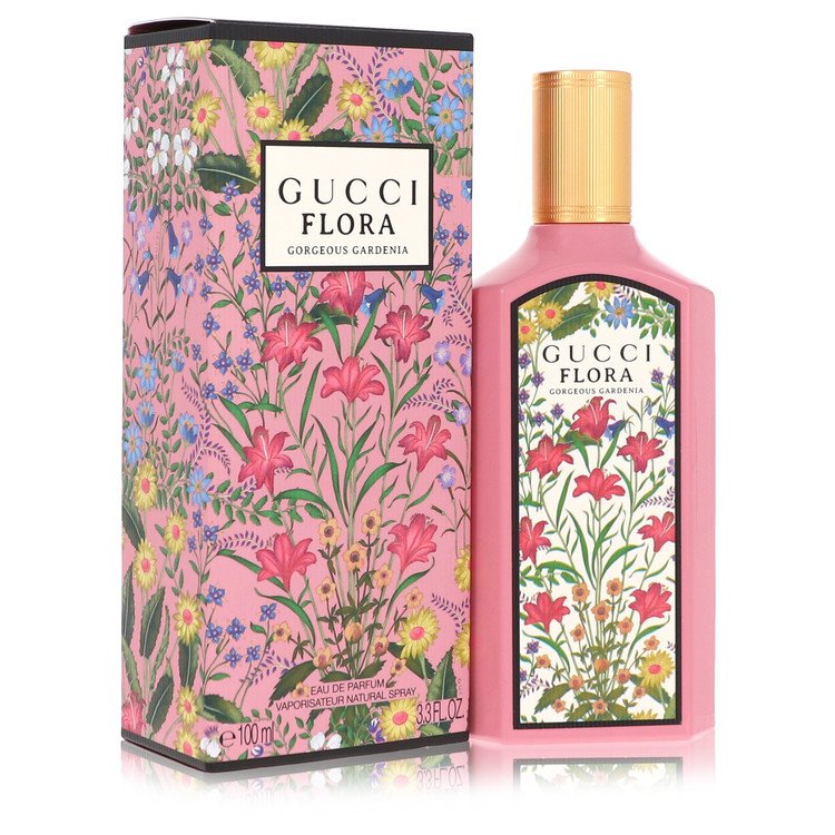 Gucci Flora gorgeous gardenia eau de parfum spray, pink floral glass bottle and box
