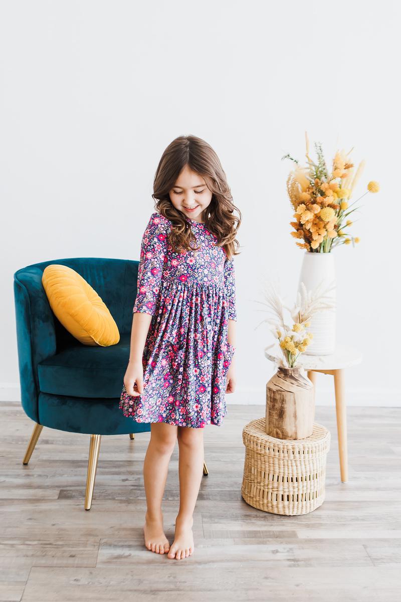 Floral twirl dress with 3/4 sleeves, navy with pink and white flowers