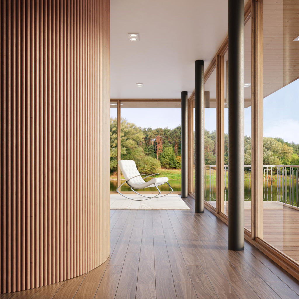 Oiled oak flexible fluted wall panels with vertical ridged slats for mounting