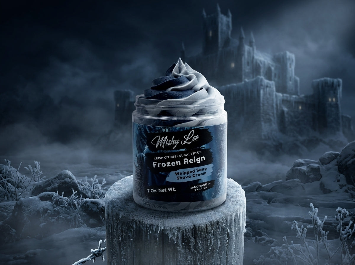 Whipped soap shave cream jar featuring layered navy and gray whipped soap