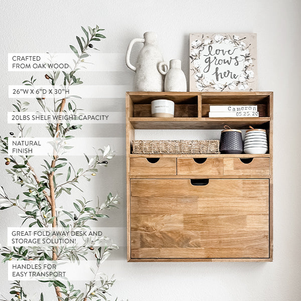 Fold-down wood shelf in natural wood finish with storage shelves and drawers