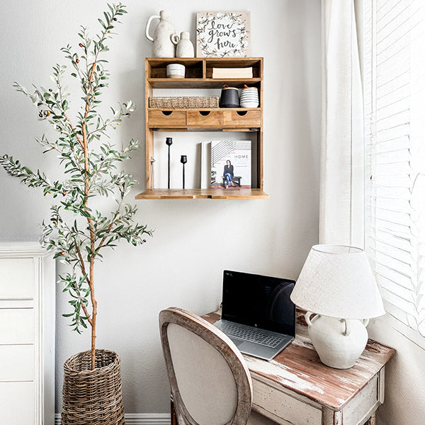 Wall-mounted fold-down wood shelf with open shelves and drop-down work surface