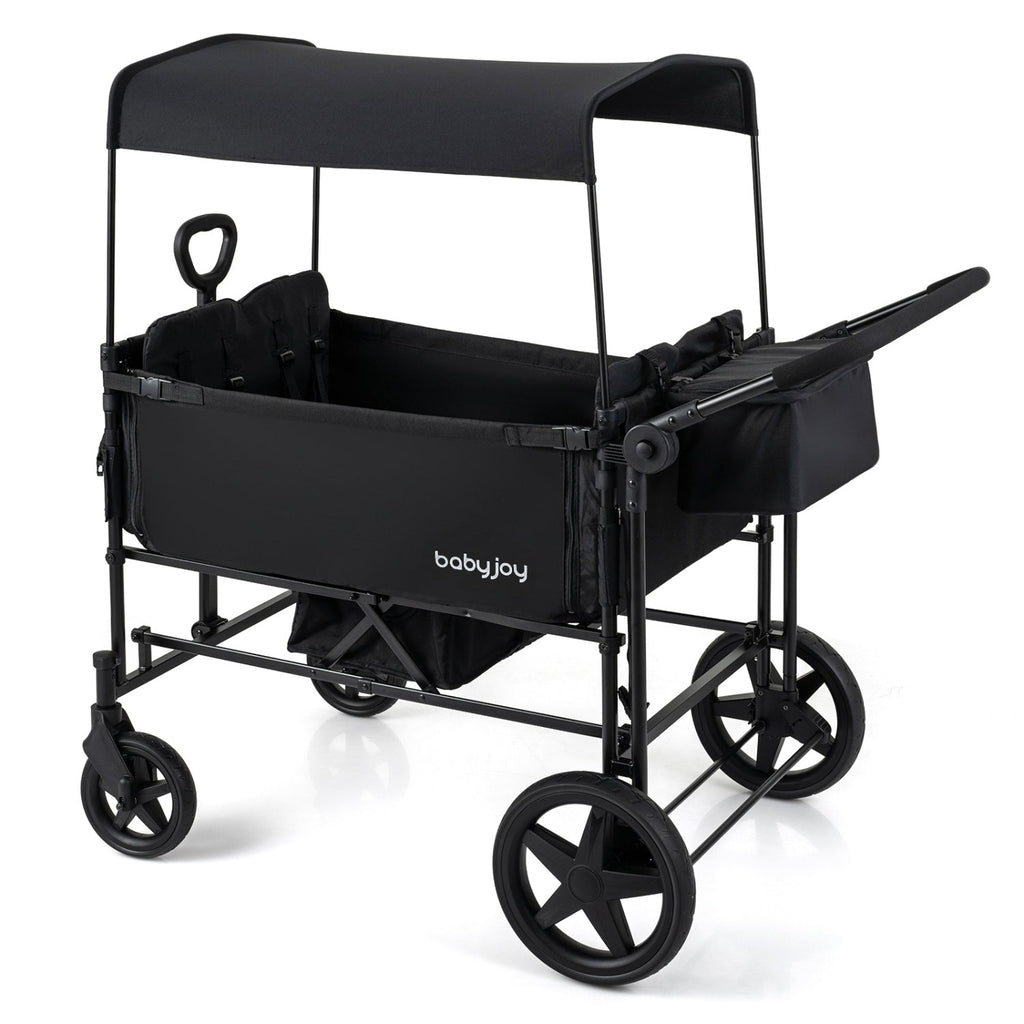 Black foldable wagon stroller with removable canopy and 4-seat frame, black wheels
