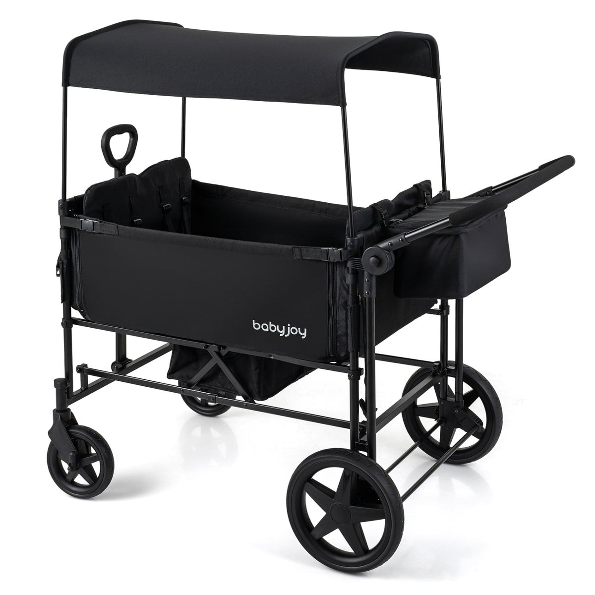 Black foldable wagon stroller with removable canopy and 4-seat frame, black wheels