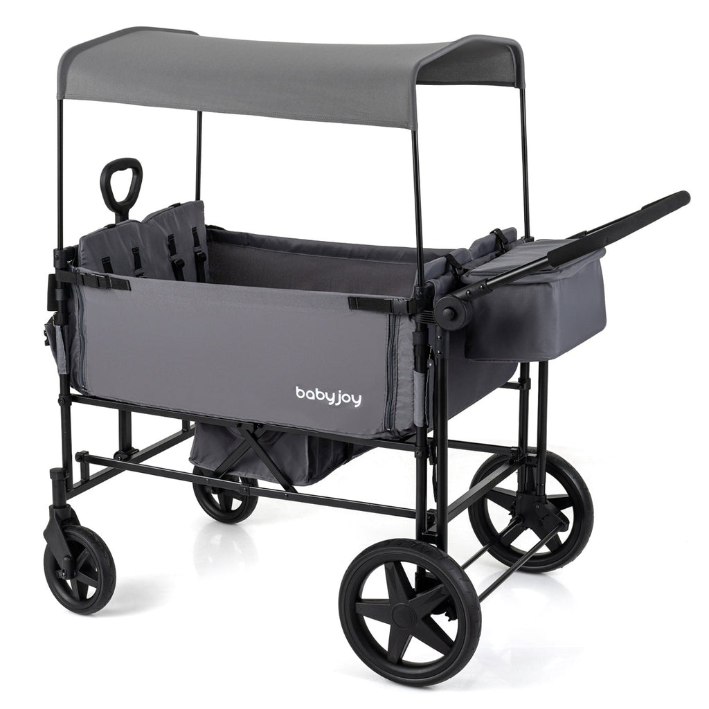 Gray foldable wagon stroller with removable canopy and 4-seat frame, black wheels