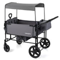 Gray foldable wagon stroller with removable canopy and 4-seat frame, black wheels