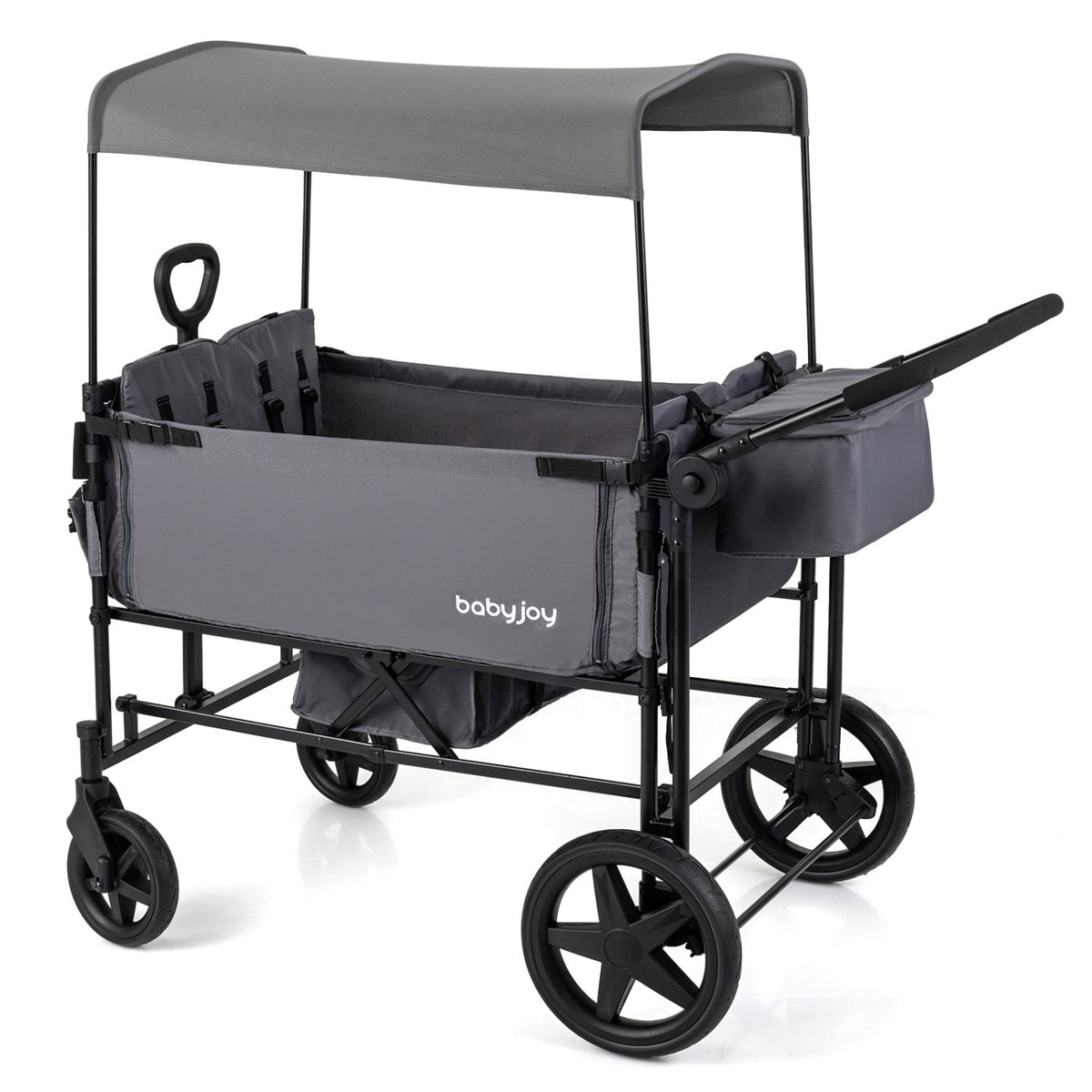 Gray foldable wagon stroller with removable canopy and 4-seat frame, black wheels