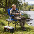 Folding camping chair in blue with black steel frame, side table, and cup holder