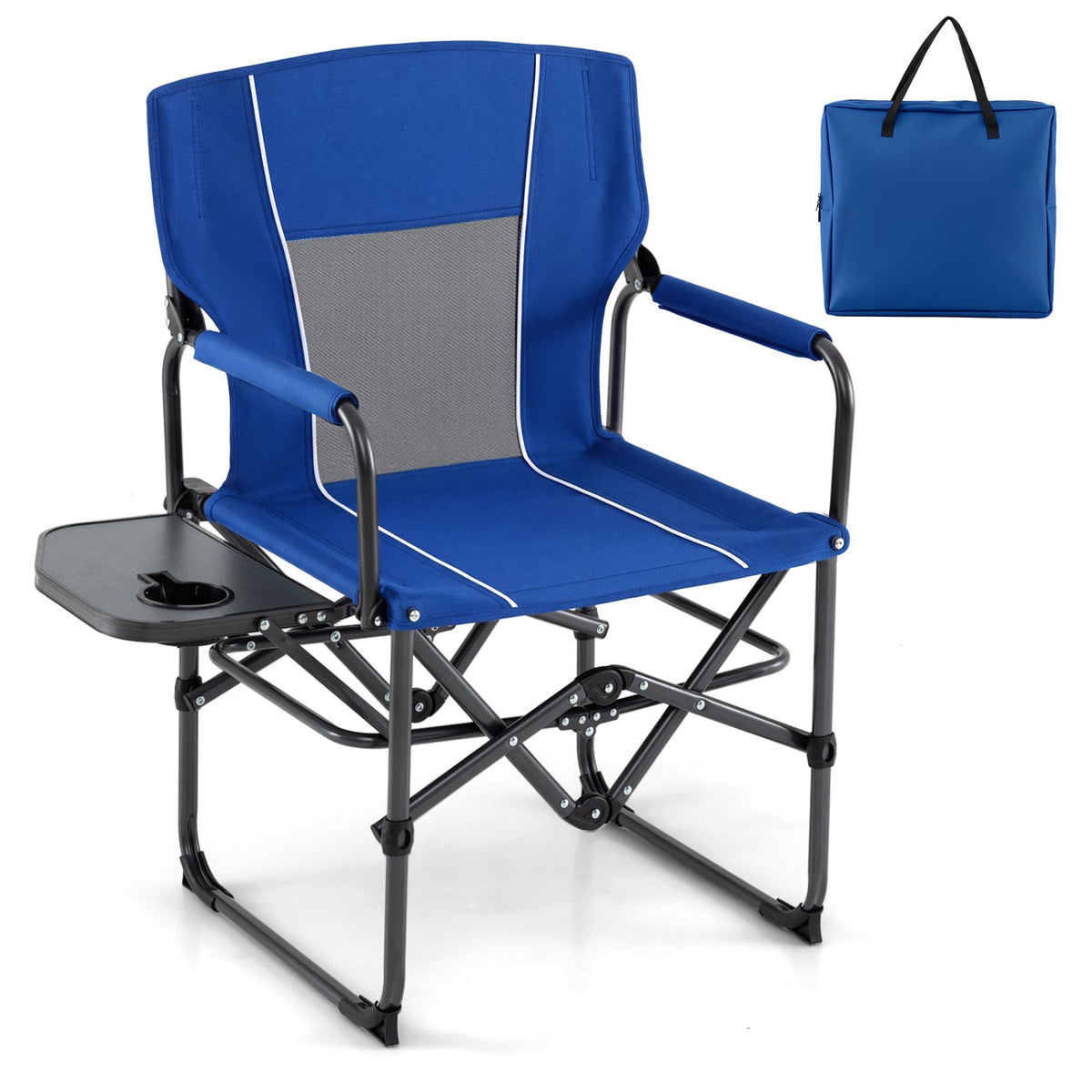 Blue folding camping chair with gray mesh seat, black armrests, and side table