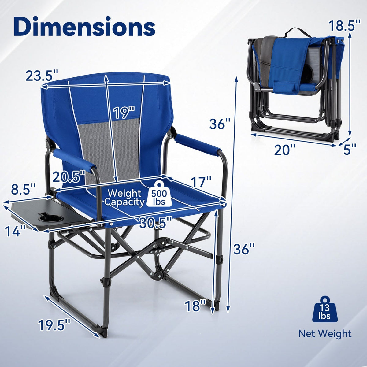 Blue folding camping chair with extended seat, side table, and cup holder