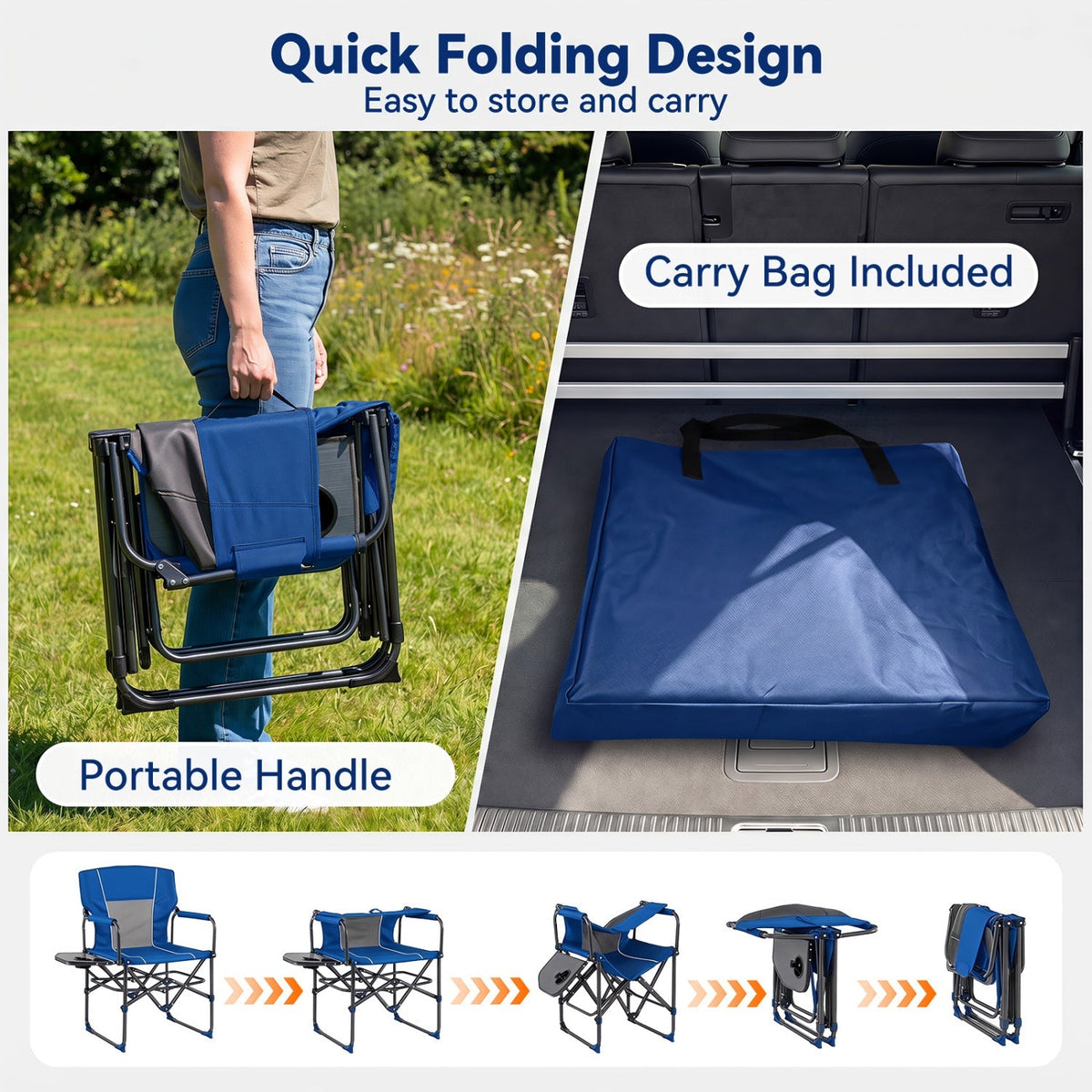 Folding camping chair with quick-fold design and included carry bag