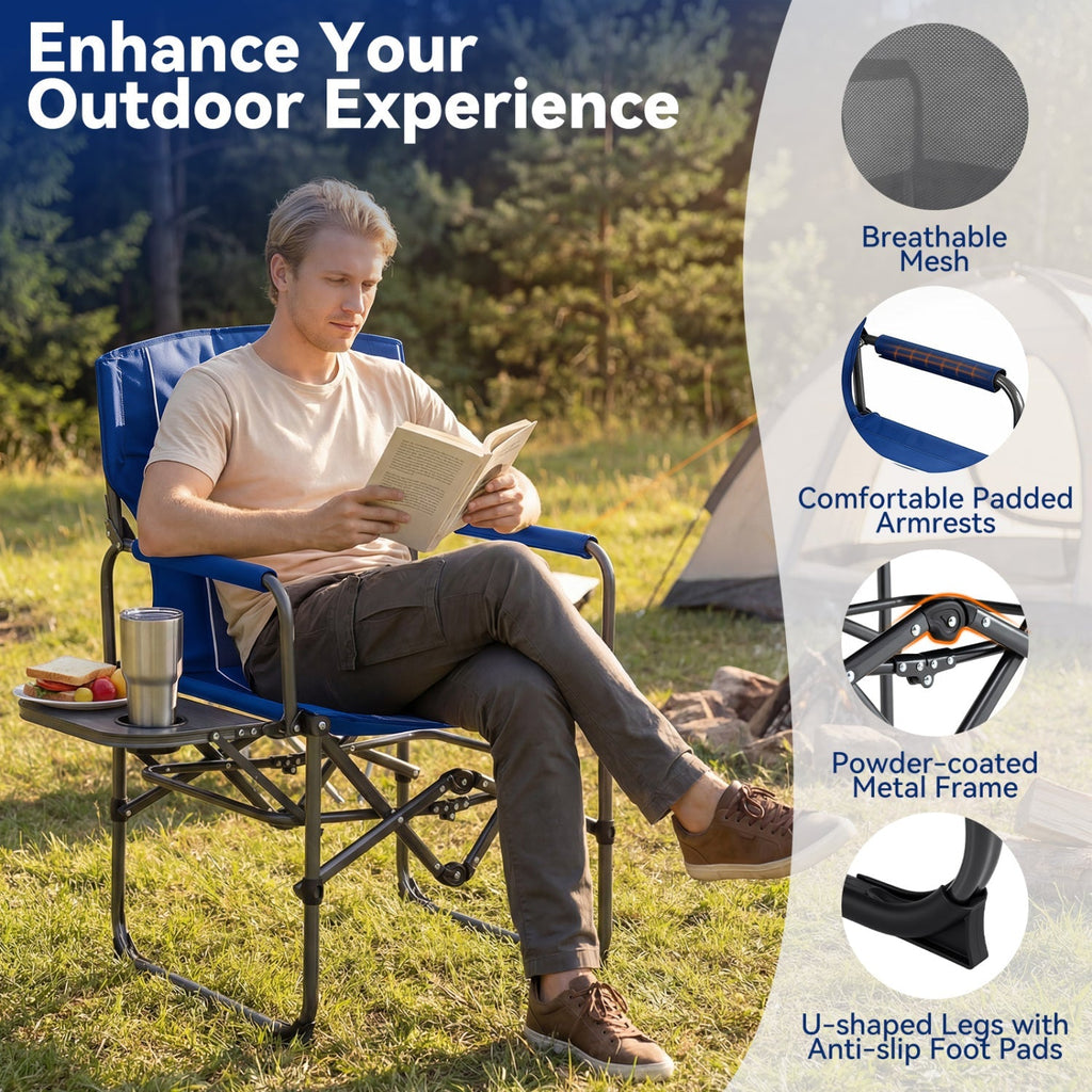 Blue folding camping chair with breathable mesh back and powder-coated metal frame