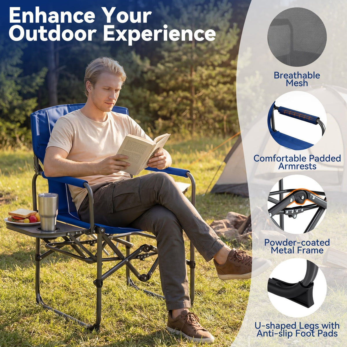 Blue folding camping chair with breathable mesh back and powder-coated metal frame