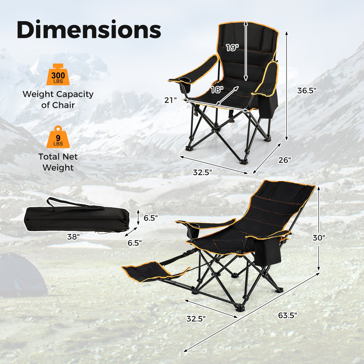 Folding camping lounge chair with footrest, black seat and back with orange trim