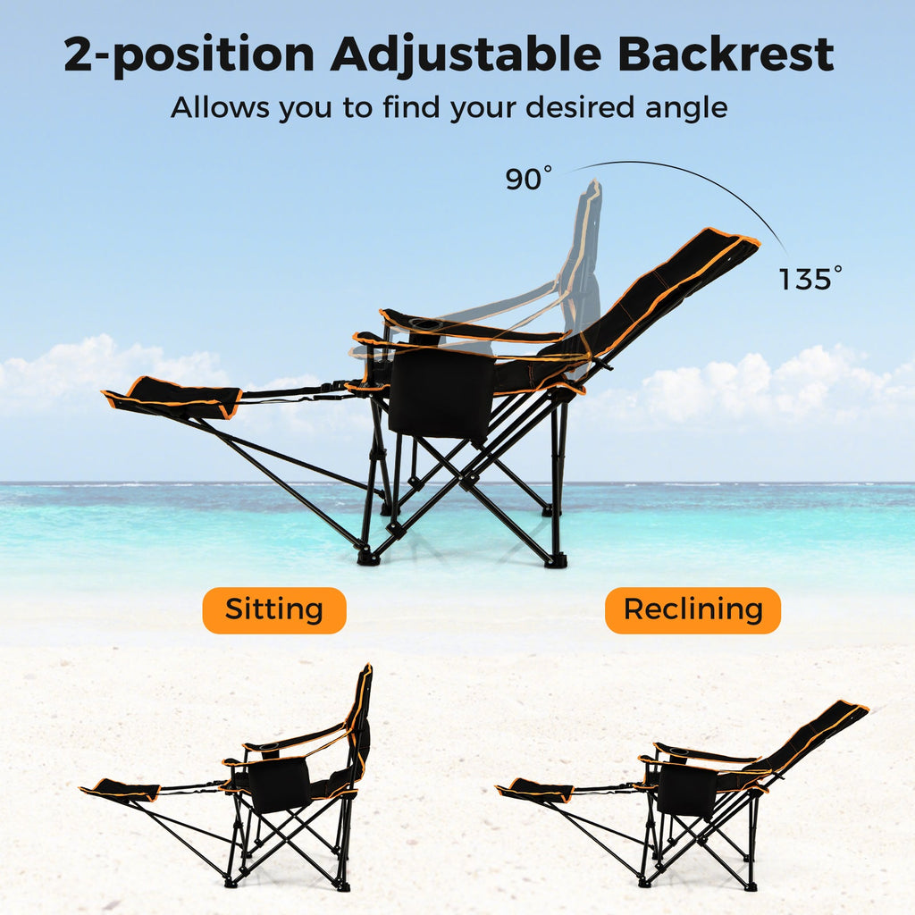 2-position adjustable folding camping lounge chair with footrest, black with orange trim