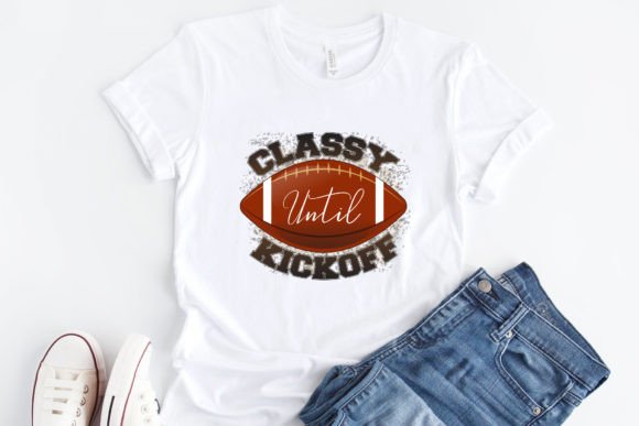 White graphic T-shirt with football logo and text print, crew neck