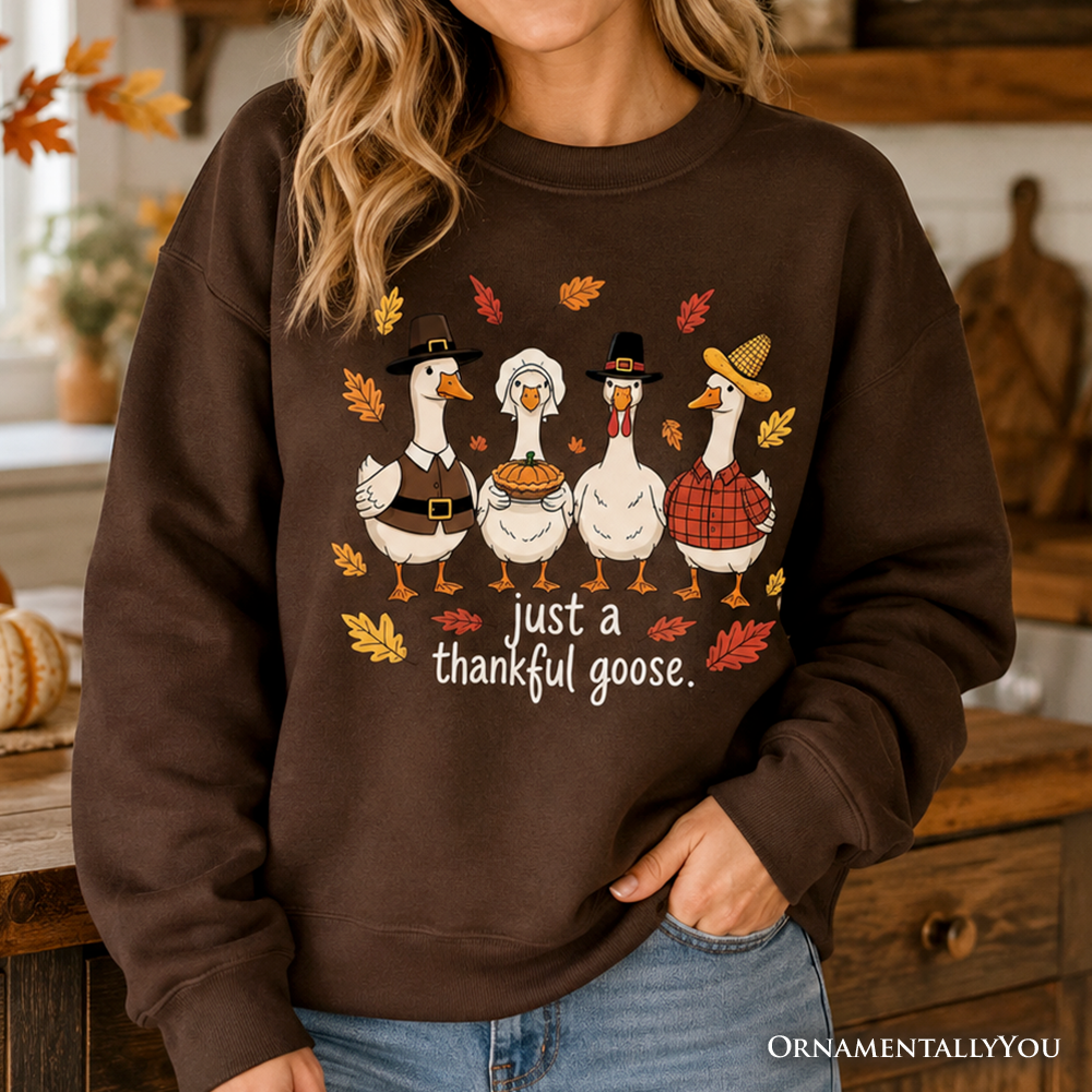 Dark brown crewneck sweatshirt with cute geese graphic and "just a thankful goose" text