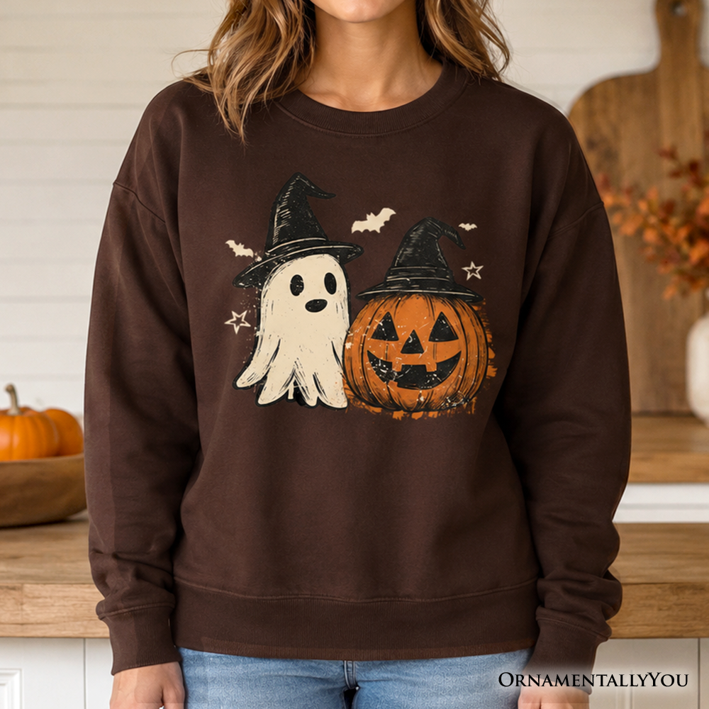 Dark brown sweatshirt with a witch-hat ghost and jack-o'-lantern graphic
