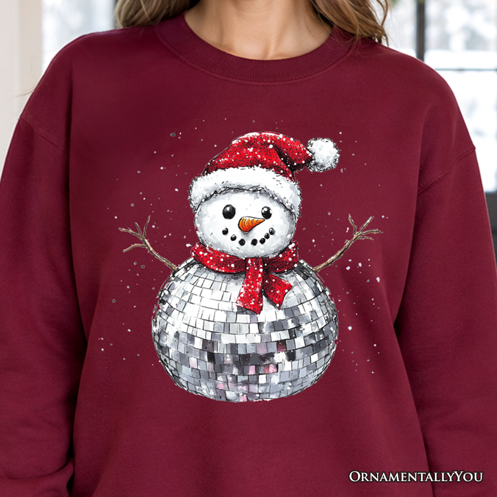 Maroon Christmas sweatshirt with a disco-ball snowman wearing a Santa hat and scarf