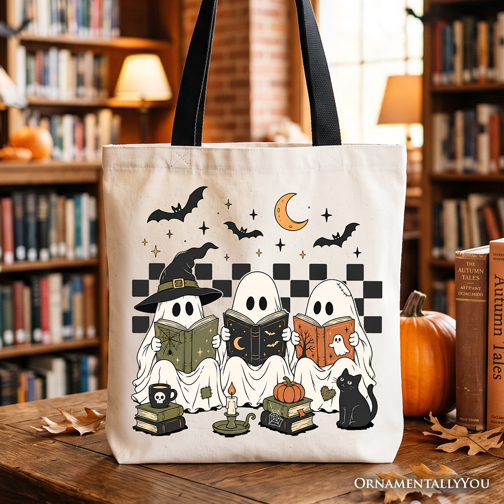 White cotton tote bag with black ghost witch cat graphic and two top handles