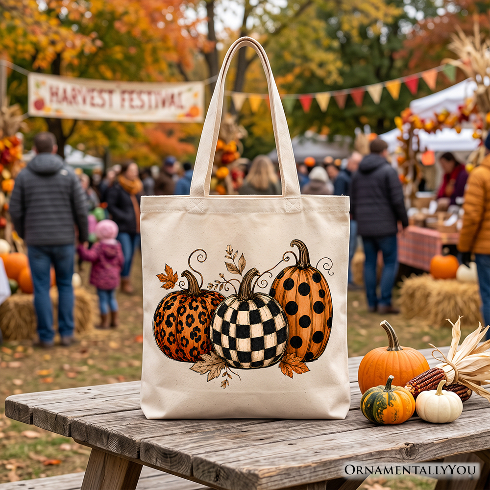 Cream tote bag with pumpkin leopard and checkered graphic, long handles