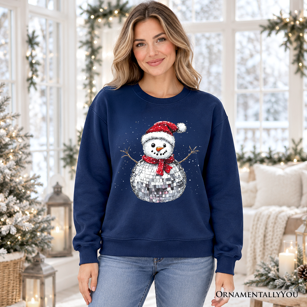 Navy Christmas sweatshirt modeled with a disco-ball snowman graphic