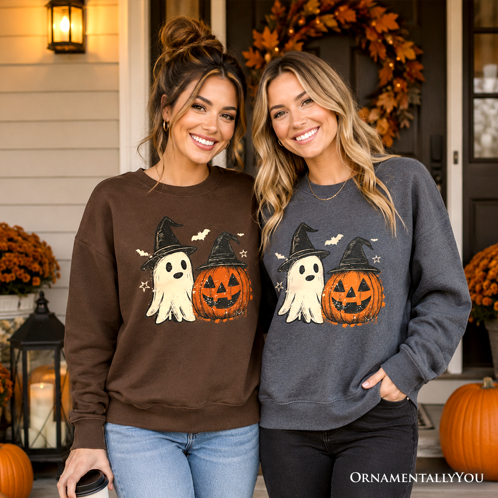 Two sweatshirts, dark brown and dark heather, with matching Halloween graphics