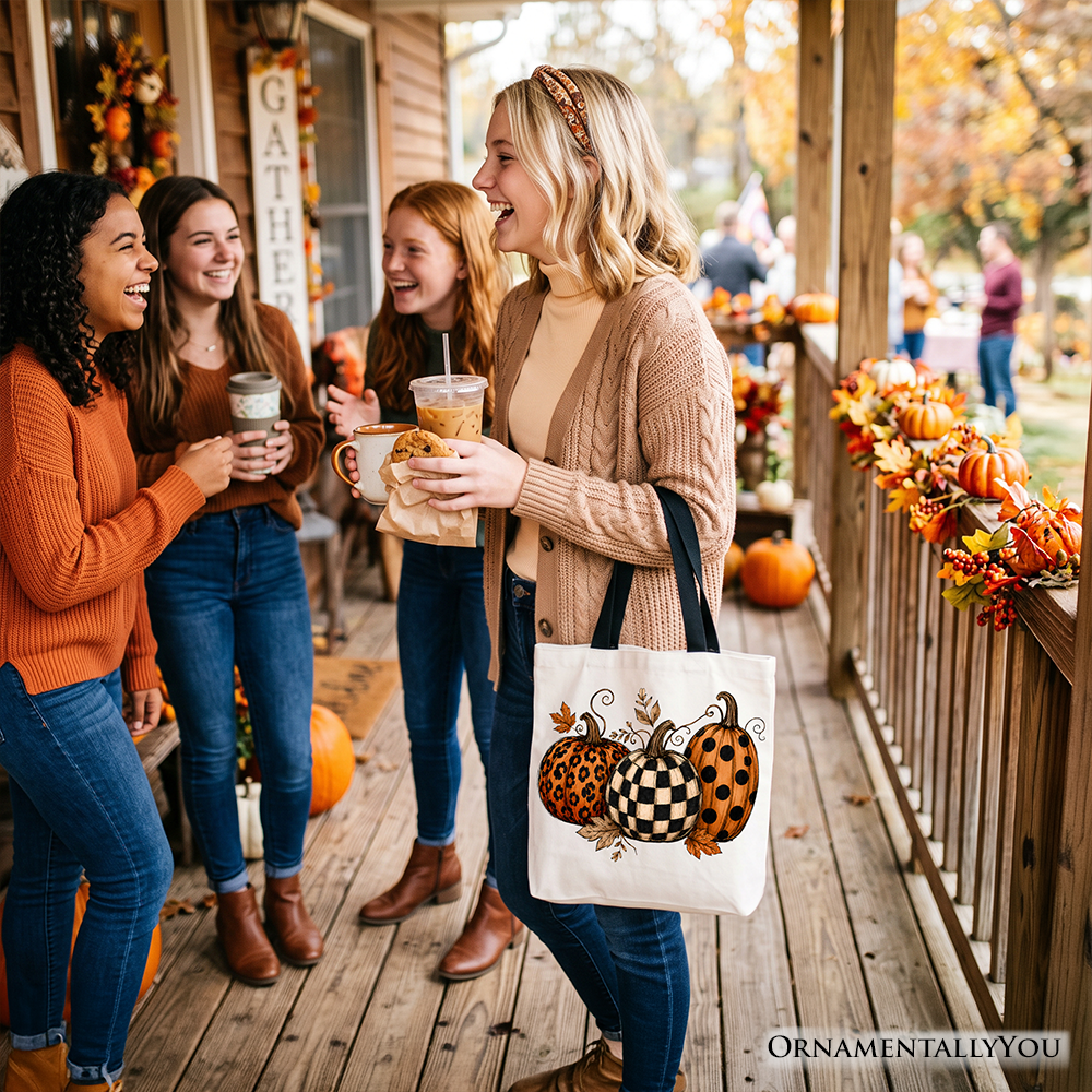 White tote bag with pumpkin leopard and checkered graphic, shopper holding the bag