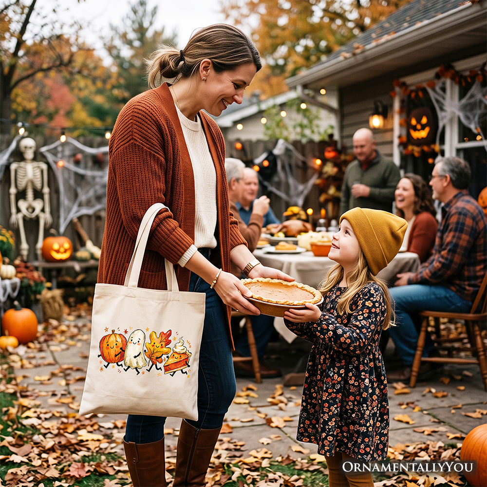 White canvas tote bag with black handles featuring a pumpkin ghost, leaves, and pie illustration