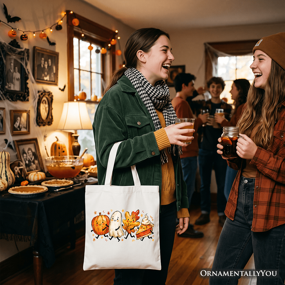 White tote bag with black handles and autumn character print, carried at a party scene