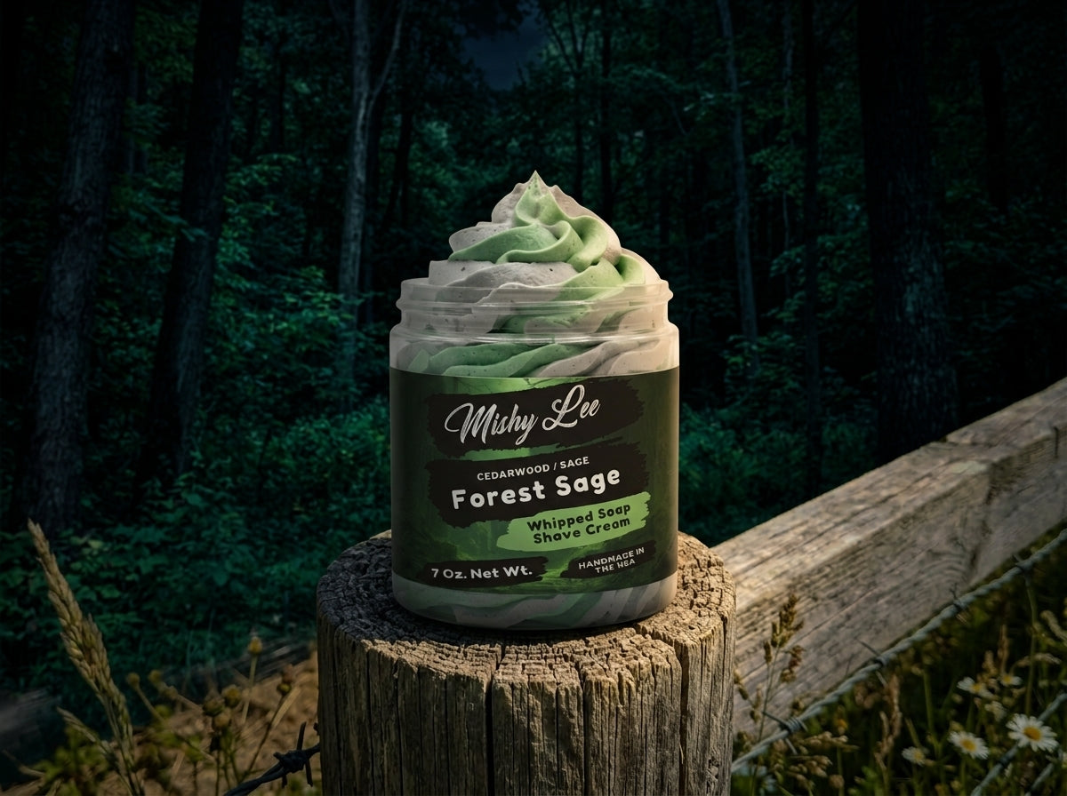 Forest Sage whipped soap and shave cream jar on a wooden log outdoors