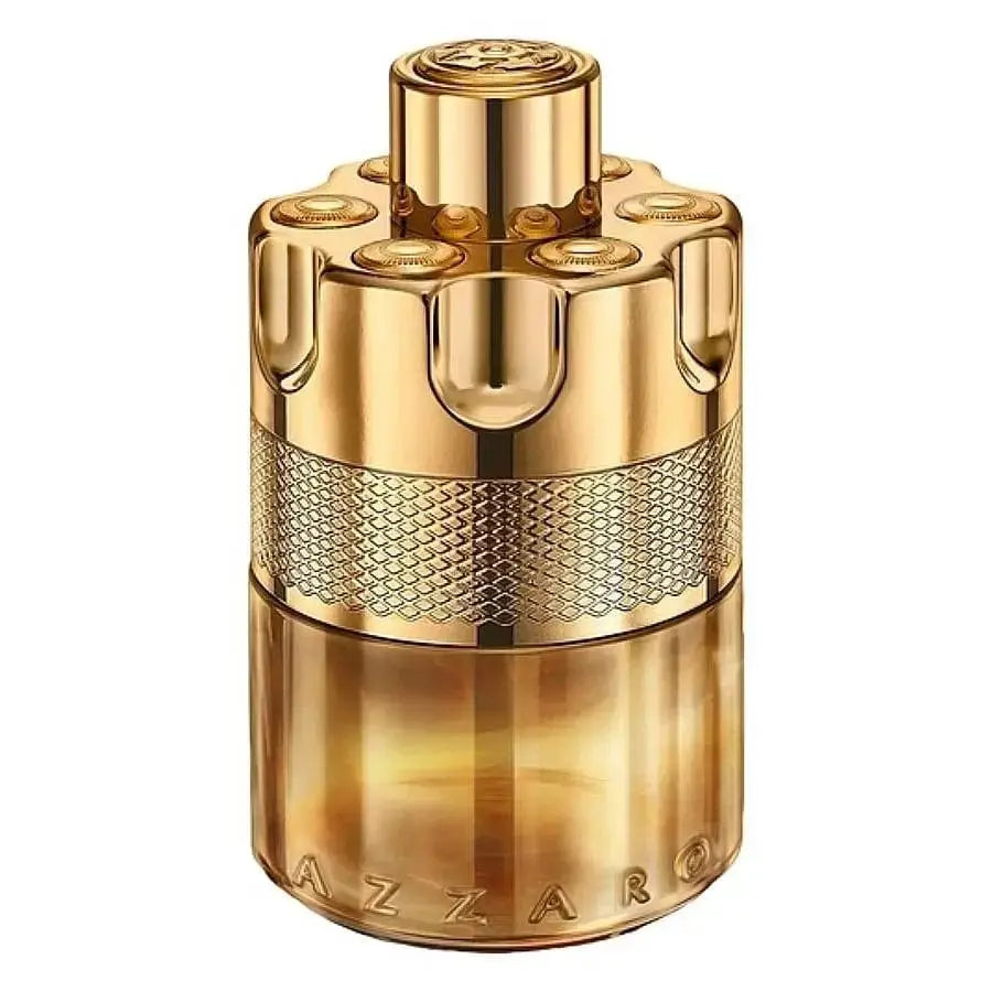 Close-up gold perfume spray bottle with ridged grip texture and domed spray top