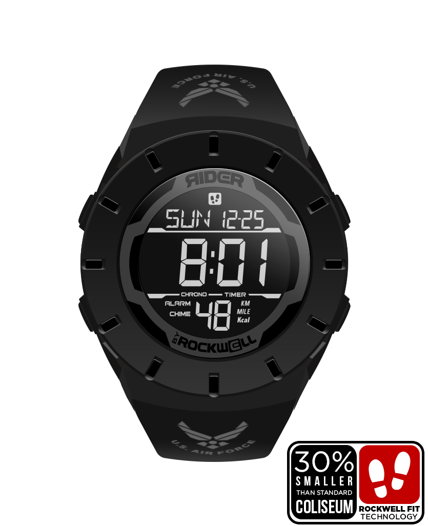 Black digital sports watch with round LCD display and button bezel