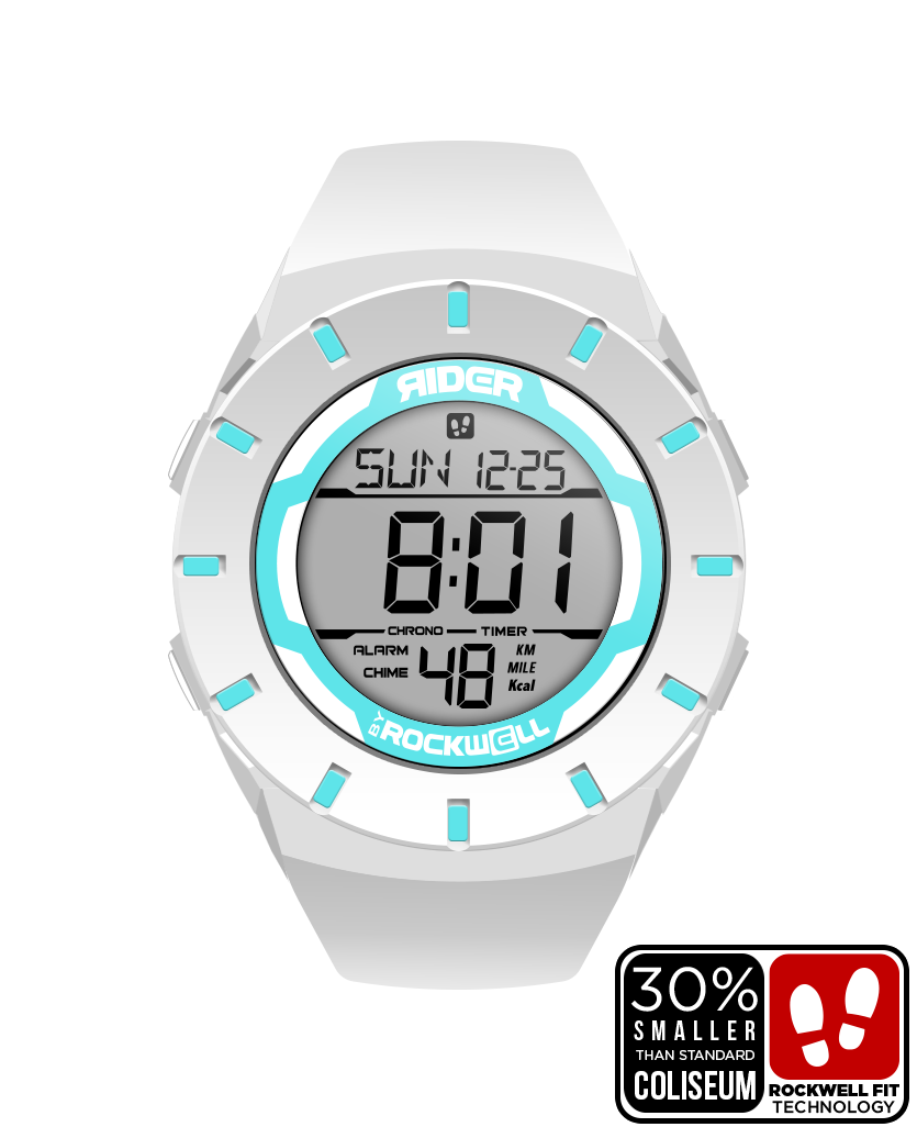 White sports watch with teal digital display and rotating hour markers