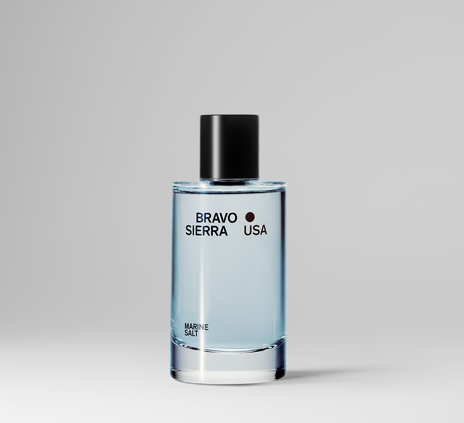 Fragrance bottle with black cap, Marine Salt label