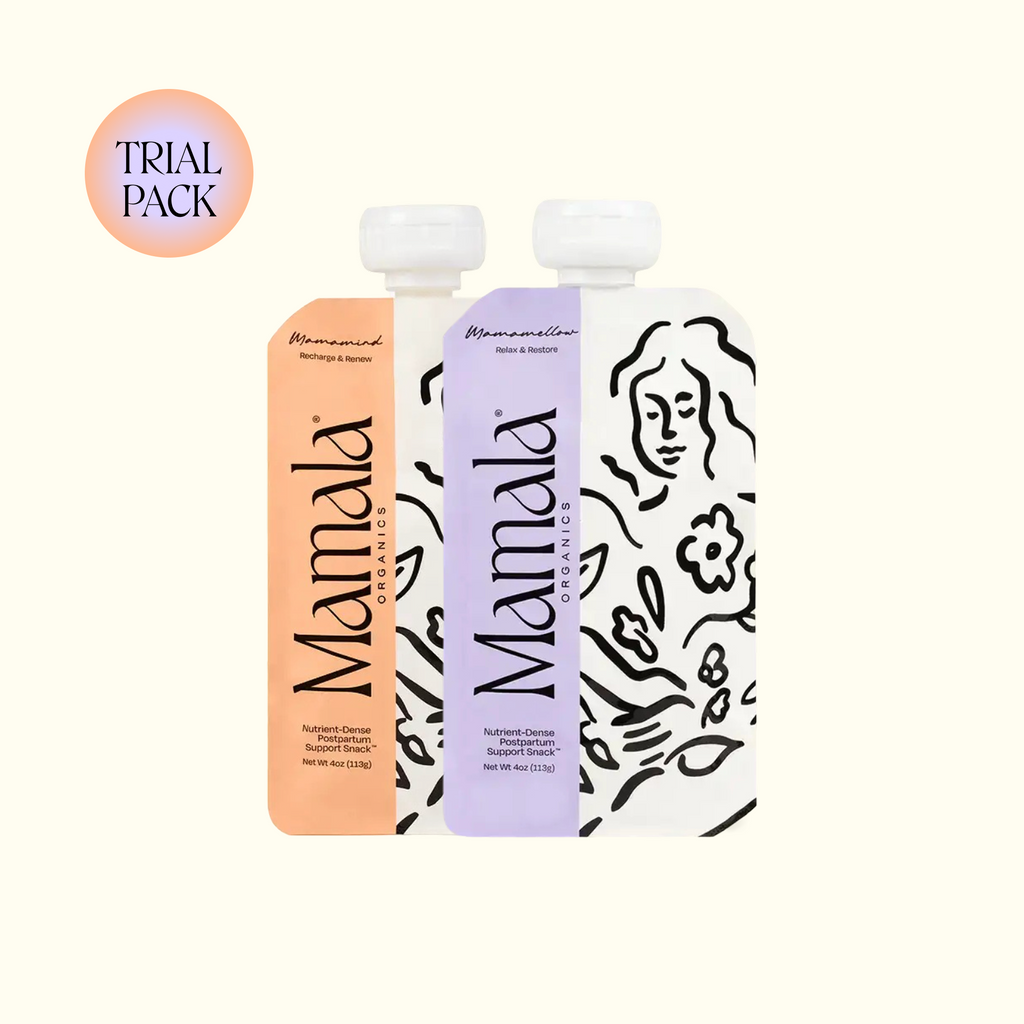 Snack-style supplement pouches with flip-top caps, assorted pastel and black designs.