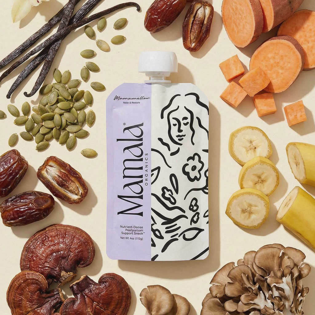 Mamamellow Support Snack™ pouch with purple side panel, patterned front, and flip-top lid
