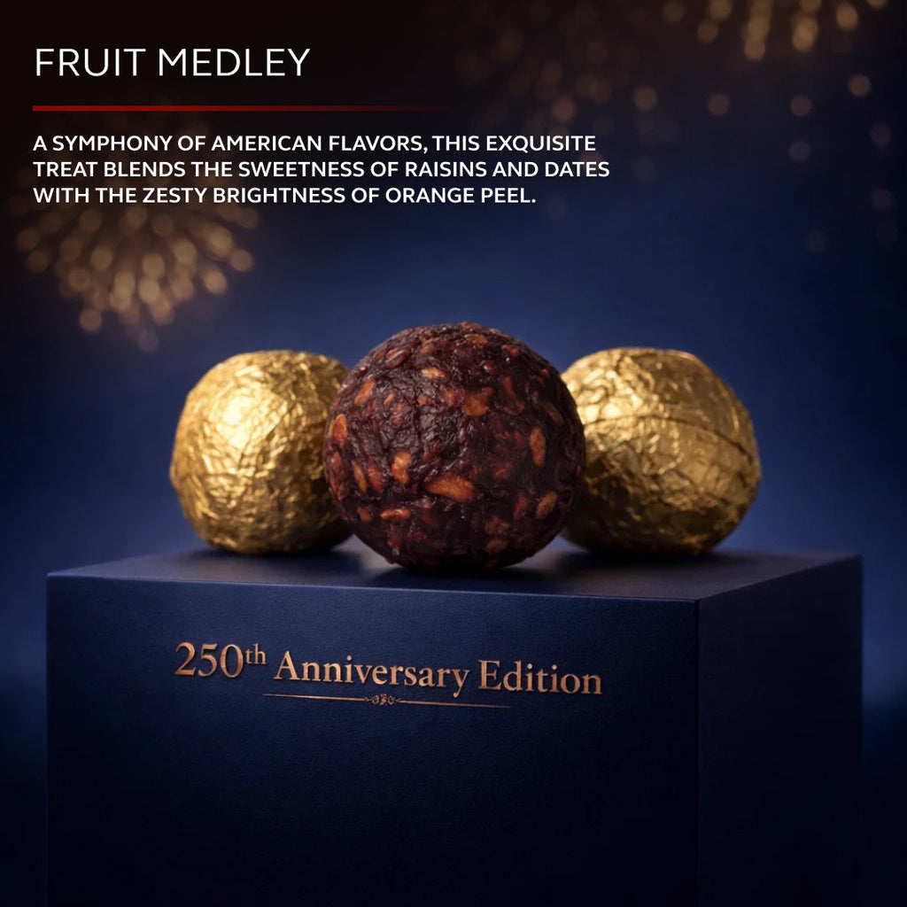Grande 250th anniversary fruit medley truffles on display platform