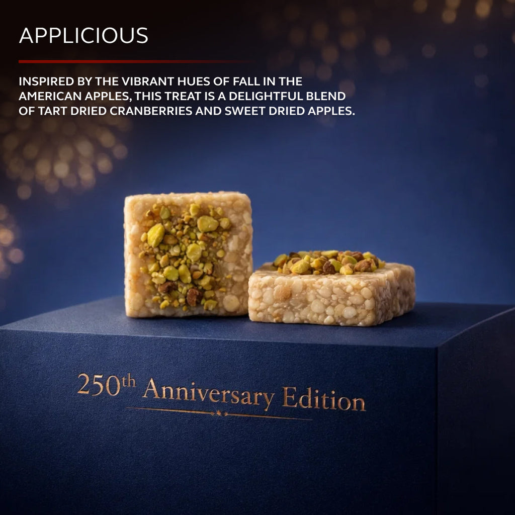 Grande 250th anniversary apple treat pieces with pistachio topping