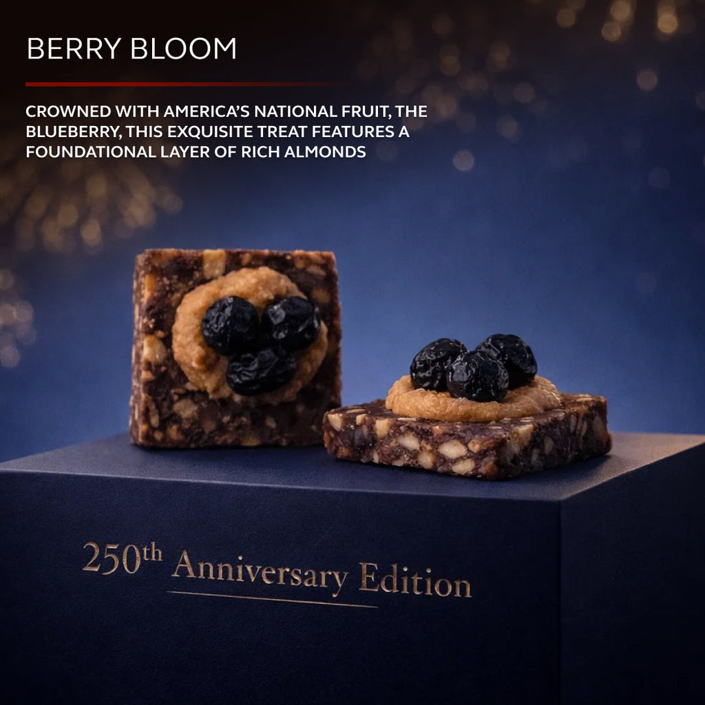 Petit 250th Anniversary Edition berry fruit sweets bars topped with blueberries