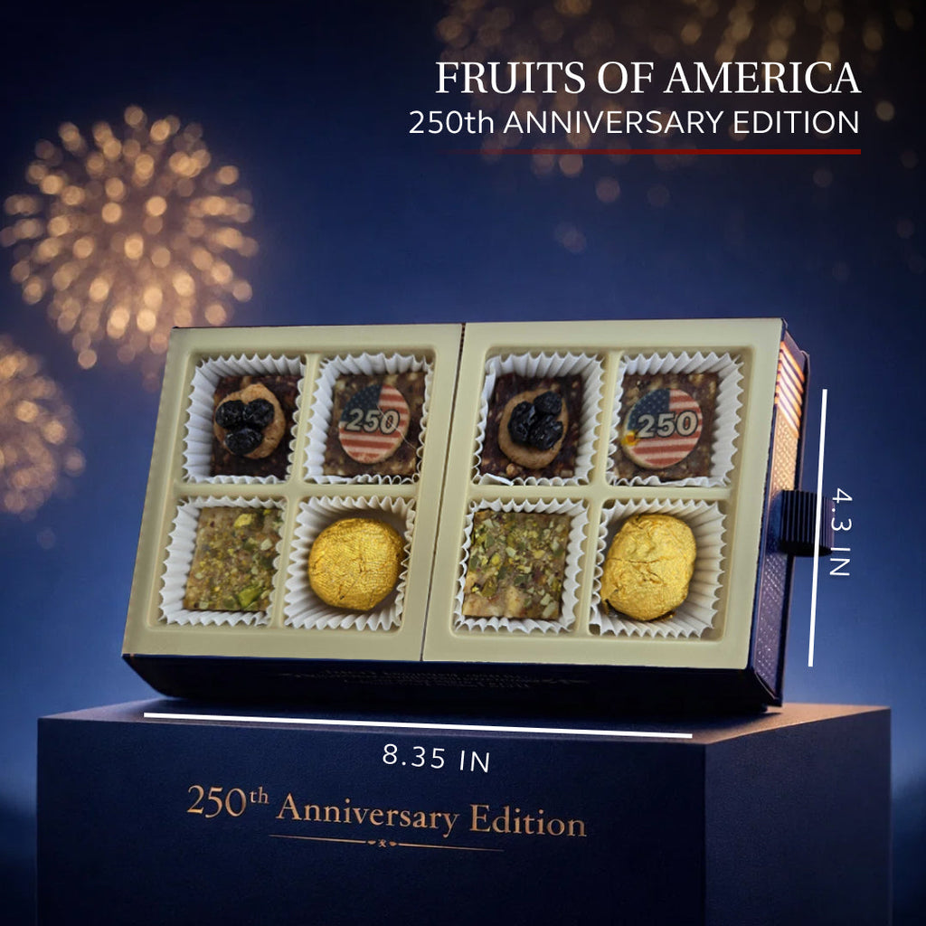 Petit 250th Anniversary Edition fruit sweets box open, showing four assorted treats